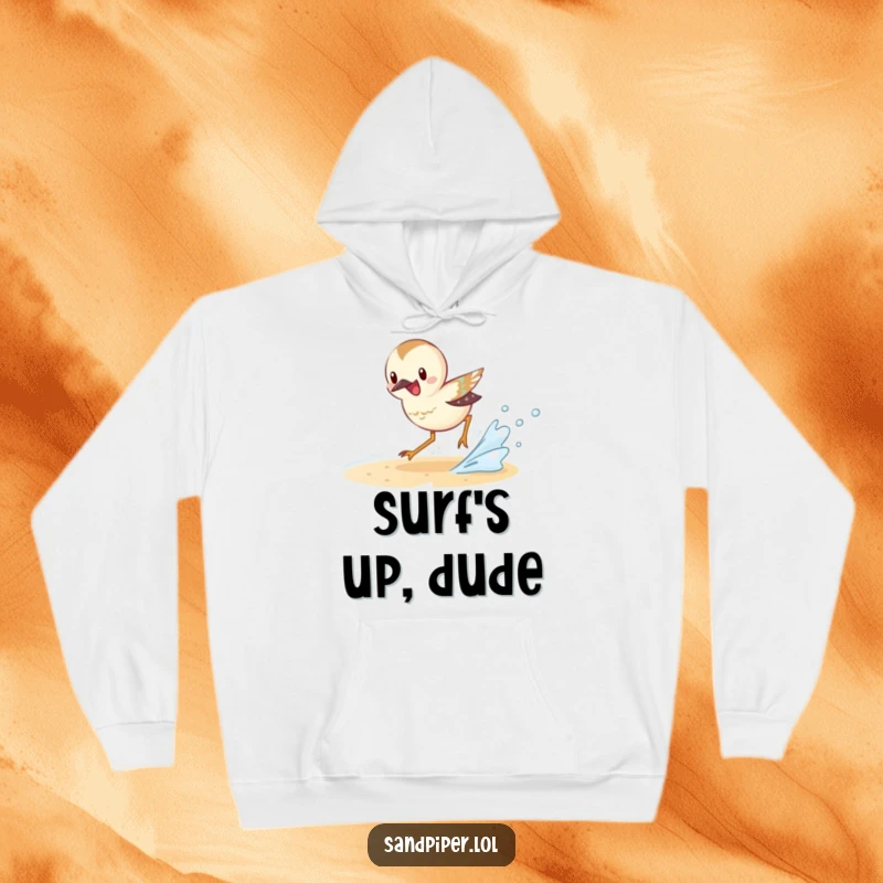 Funny Sandpiper Hoodie showing an excited sandpiper character chasing a small wave, ideal for beachcombers.