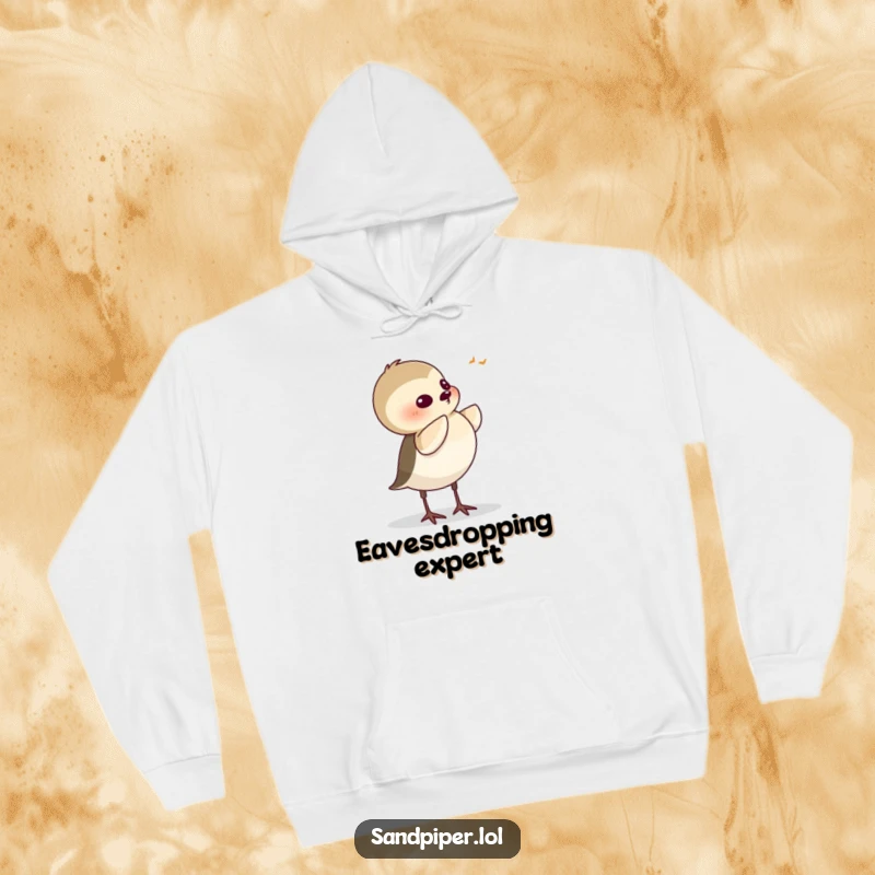 Funny Sandpiper Hoodie, showing a cartoon bird tilting its head with great concentration, as if catching a subtle sound.