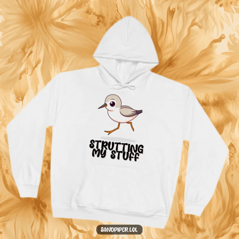 Funny hoodie featuring a cute sandpiper character with characteristic long legs striding quickly, offering cozy, energetic style.
