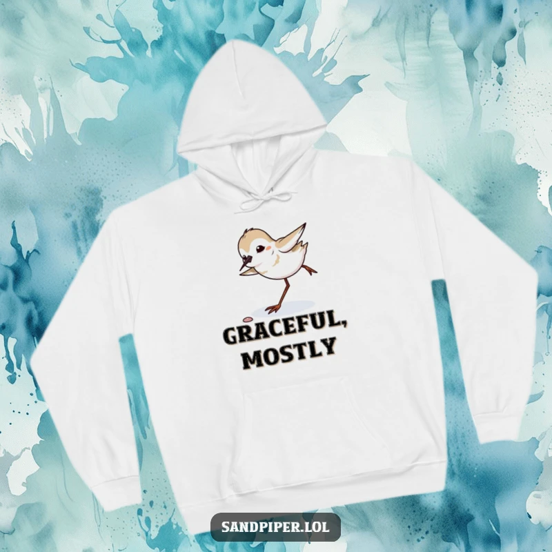 Funny sandpiper comically tripping and regaining balance, cozy hoodie, perfect for bird watchers.