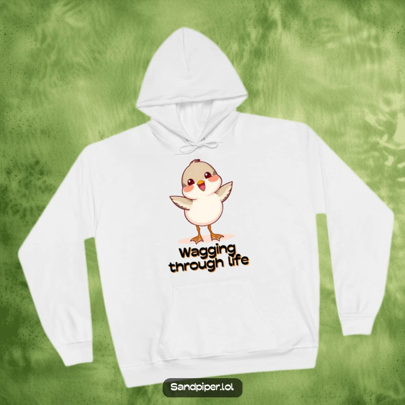 Funny Sandpiper Hoodie featuring a cute bird character wagging its tail with unbridled joy.