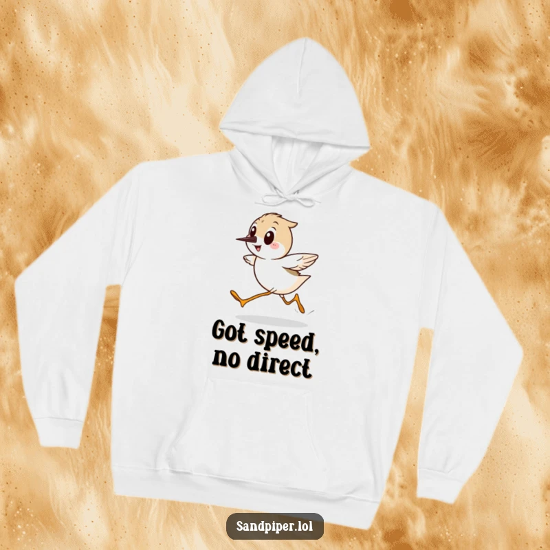 Funny Sandpiper Hoodie, displaying a cartoon bird running sideways with incredible speed and a joyous smile, perfect for chilly days.