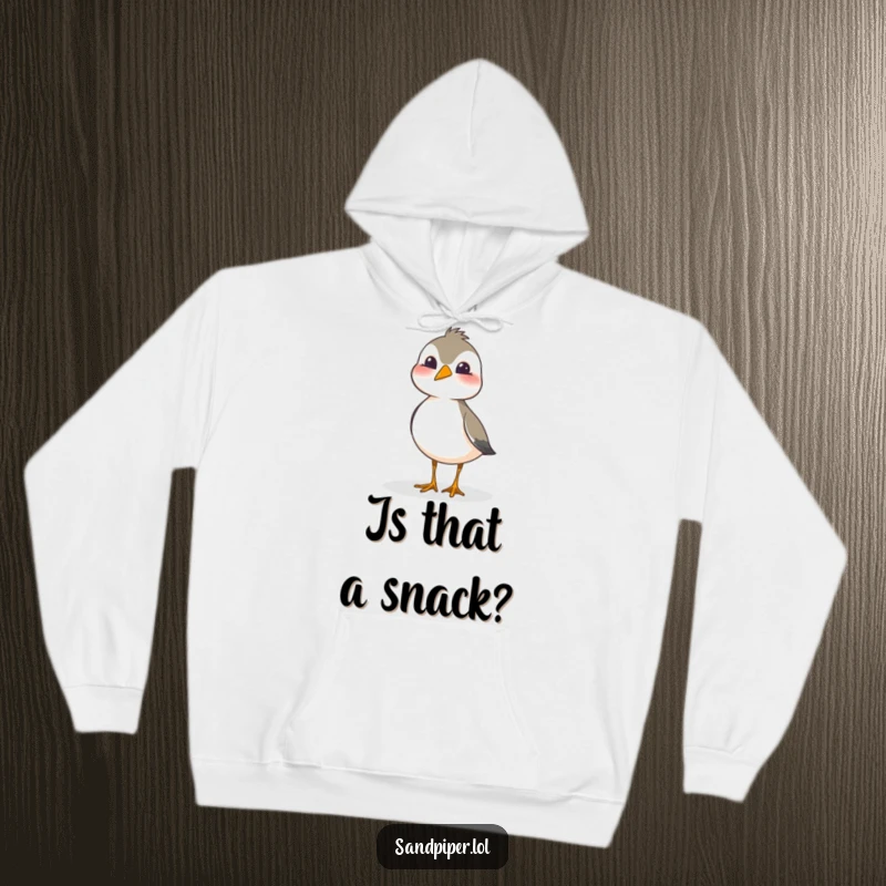 Funny sandpiper hoodie showing a bird with its head tilted in a playful and curious manner, exuding charm.
