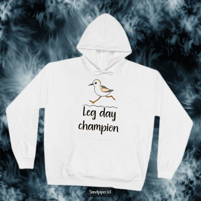 Funny hoodie featuring a sandpiper with ridiculously long legs running energetically on a wavy background.