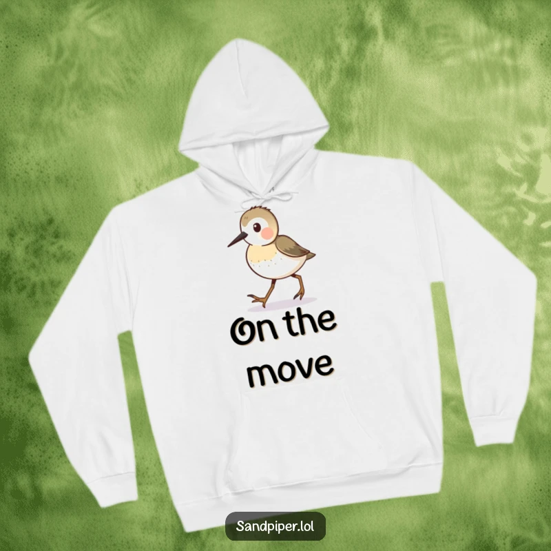 Funny Sandpiper Hoodie featuring a busy sandpiper character walking with tiny steps, ideal for cozying up.