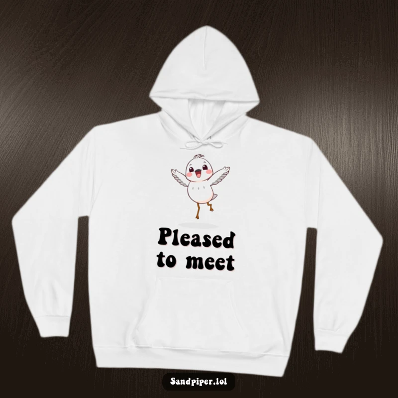 Funny Hoodie: A sandpiper character in a joyful mid-air hop, offering cozy comfort and a humorous symbol of happiness.