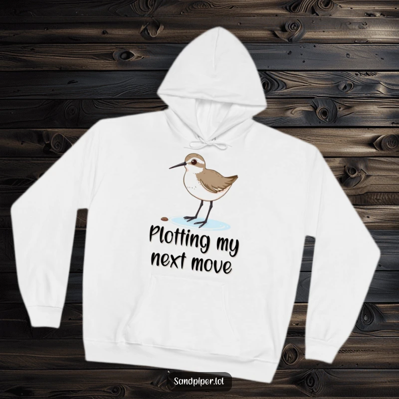 Funny hoodie with a sandpiper tilting its head, listening intently, embodying focus and curiosity. A wonderful funny gift.