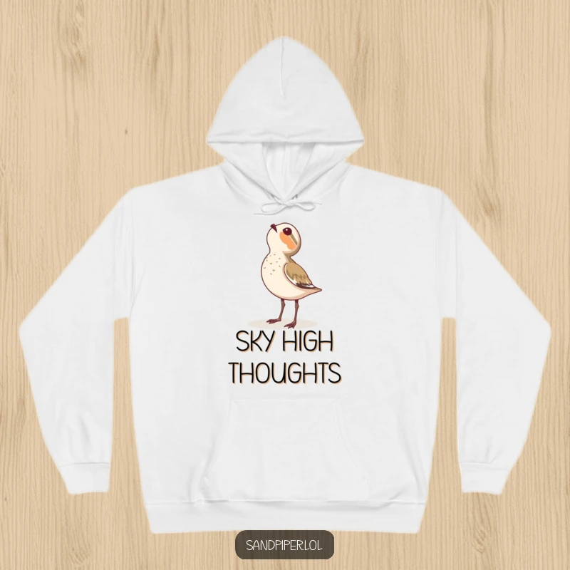 Funny hoodie featuring a sandpiper looking up at the sky with a sense of awe.