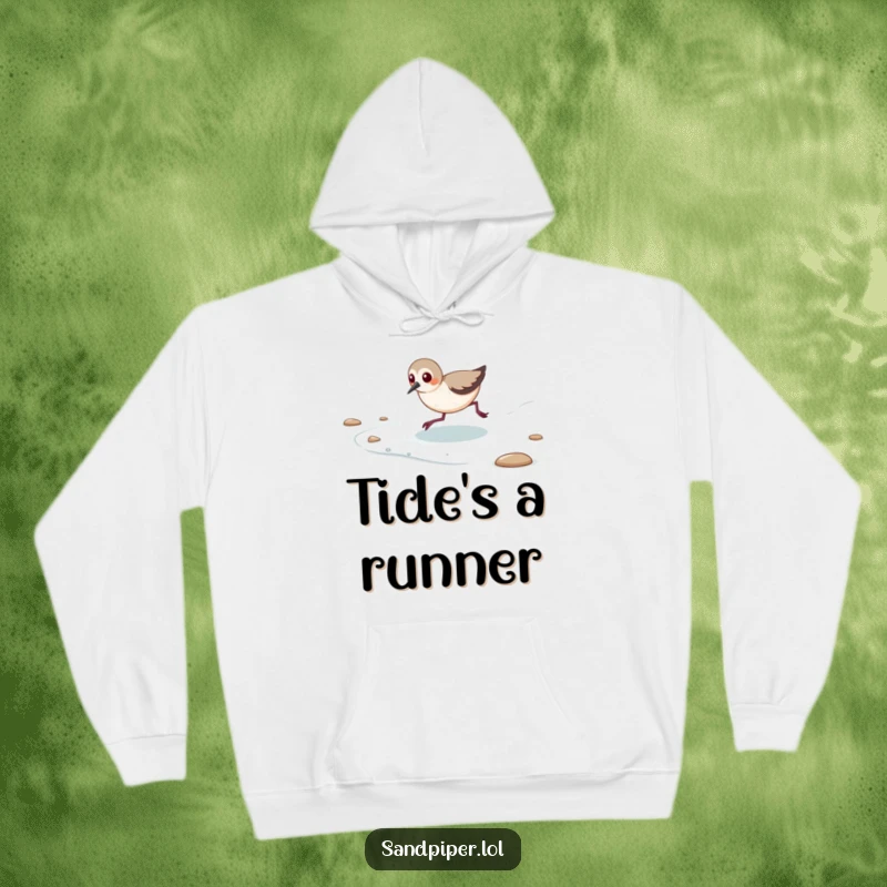 Funny hoodie featuring an energetic sandpiper playfully chasing the receding tide.
