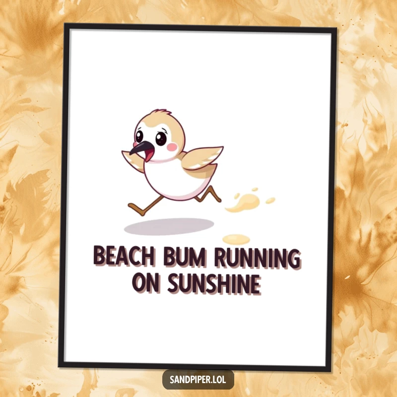 Funny Free Printable Wall Art: Adorable sandpiper character running with gusto along a sandy beach, embodying pure beach energy.