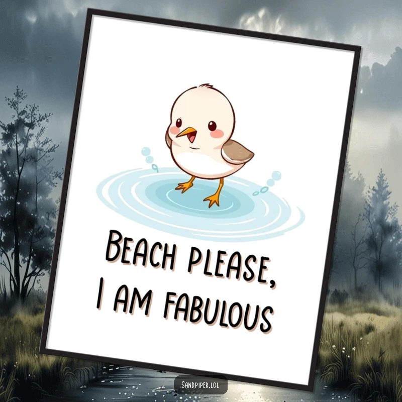 Funny Free Printable Wall Art: Cute sandpiper character gleefully splashing in shallow water, humorous downloadable decor.