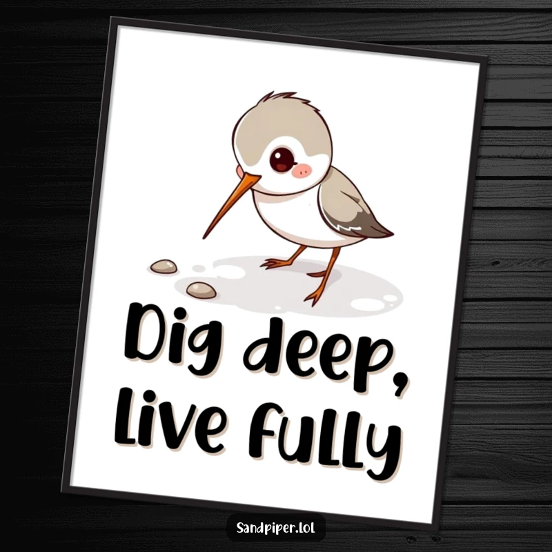 Free Printable Wall Art: Sandpiper character playfully digging its thin beak, searching the shore.