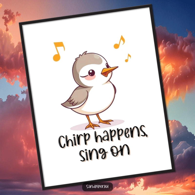 Funny free printable wall art: a sandpiper character’s cheerful chirp is humorously depicted as a cascade of musical notes, bringing joy.