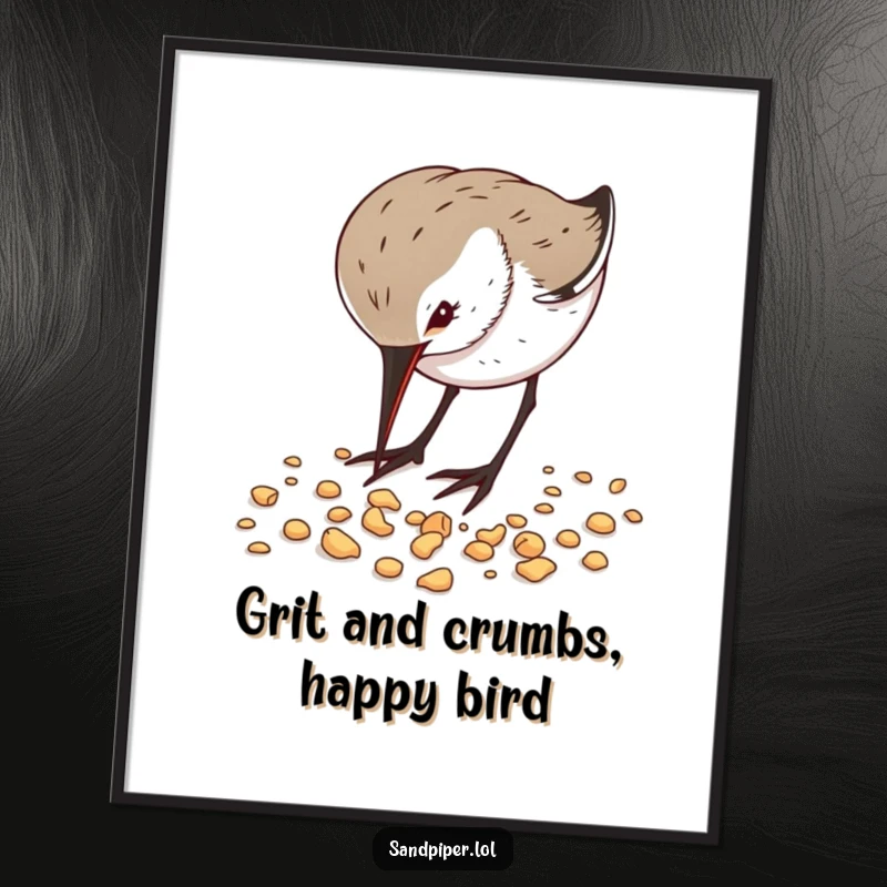 Funny Free Printable wall art showing a sandpiper intensely pecking at scattered crumbs with great enthusiasm by the sea.