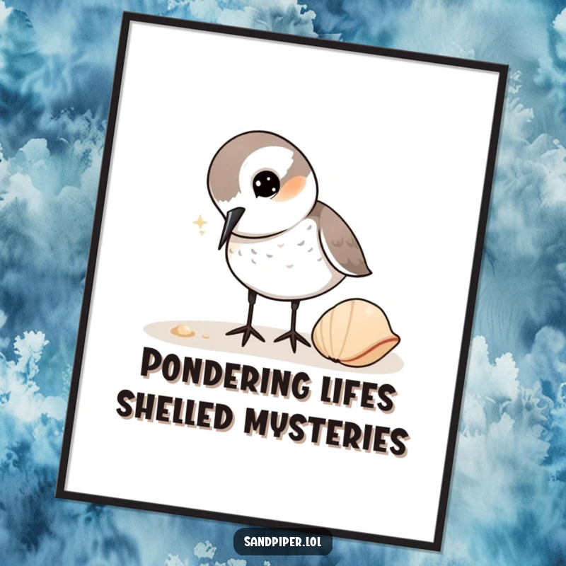 Funny Free Printable Sandpiper Wall Art: A sandpiper curiously tilts its head, pecking at a shell with fascination.