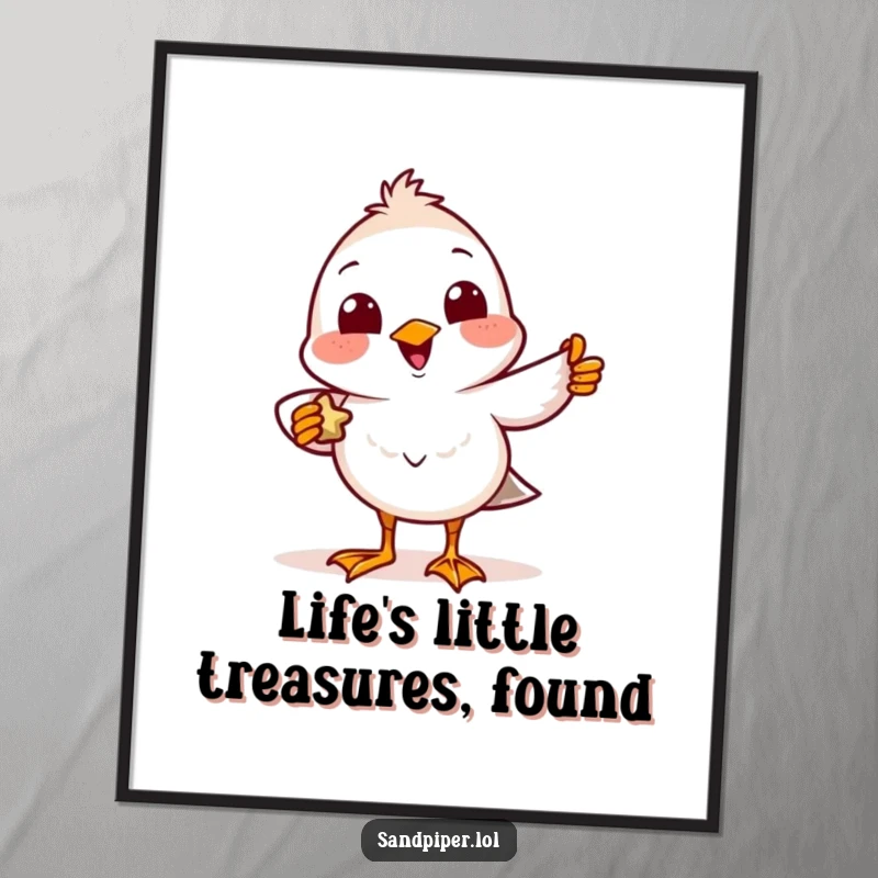 Funny Free Printable Sandpiper Wall Art: A cheerful sandpiper, smiling wide, showcases a tiny found treasure, perfect for coastal humor decor.