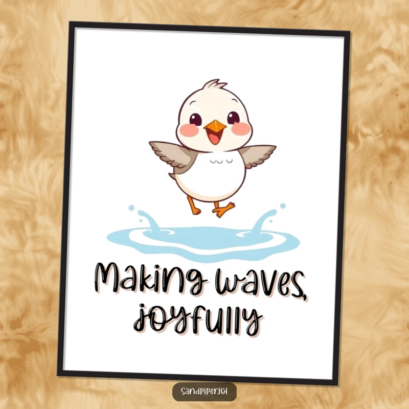 Funny Free Printable Sandpiper Wall Art: A sandpiper with a joyful expression hops energetically over small ocean waves.