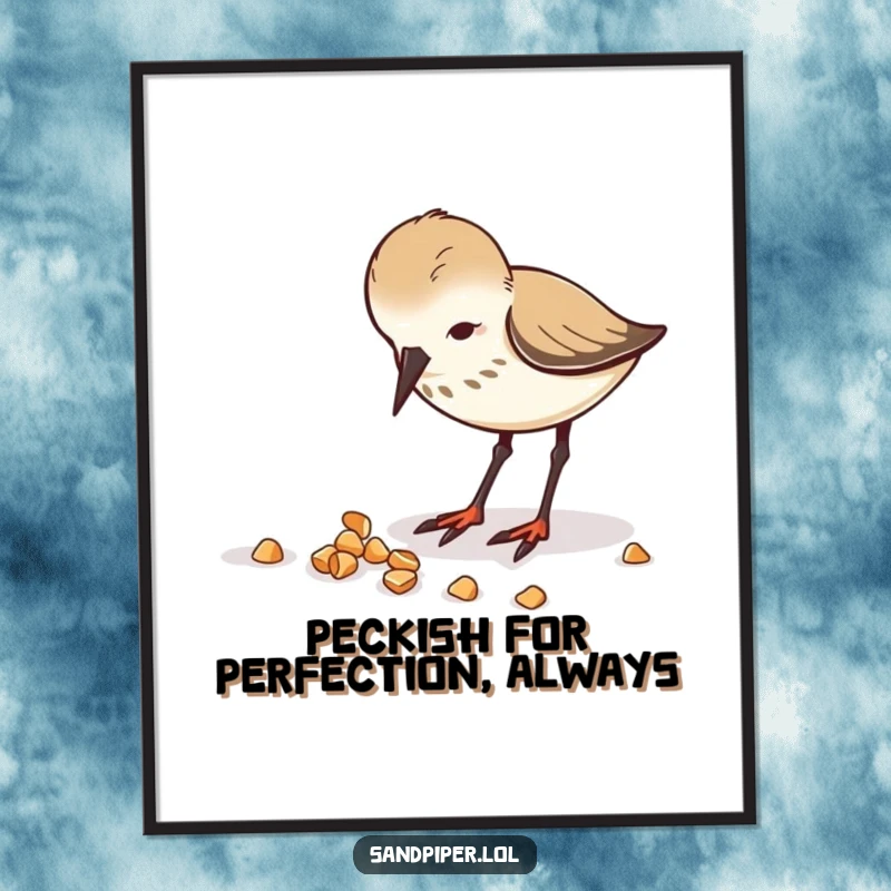 Funny Free Printable Wall Art: A sandpiper intently and enthusiastically pecking at scattered crumbs, bringing coastal charm and humor.