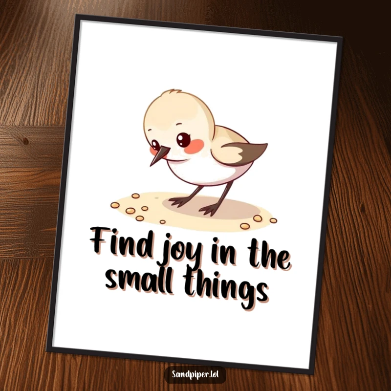 Funny Free Printable Wall Art: Small sandpiper character excitedly pecking at grains of sand on the beach.