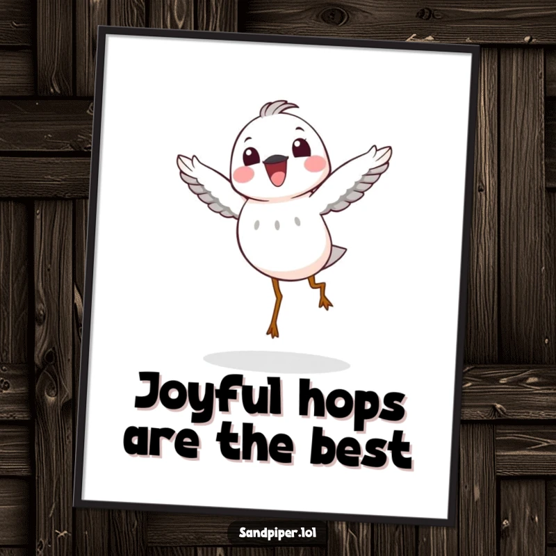 Funny Free Printable Wall Art: A sandpiper is captured mid-hop in the air, radiating pure joyful energy.