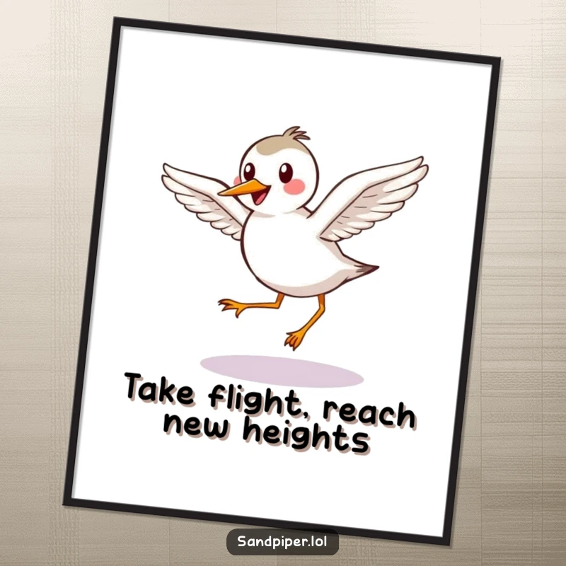 Funny free printable wall art of a happy sandpiper with outstretched wings taking a graceful hop, adding a touch of elegance.