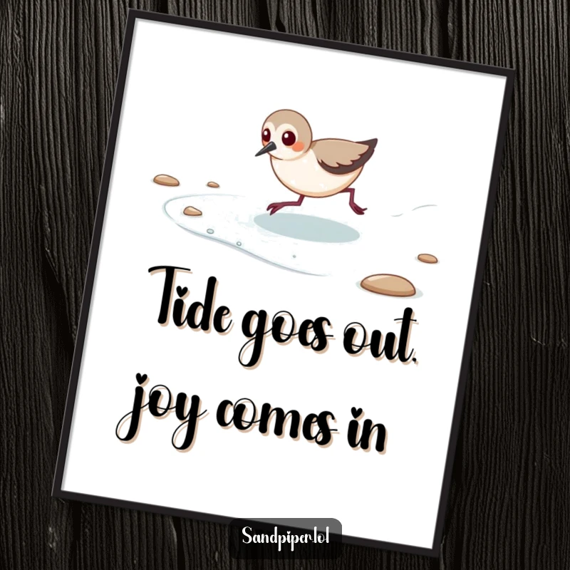Funny Free Printable Wall Art: A sandpiper energetically and playfully chasing a retreating ocean tide, capturing a moment of fun.