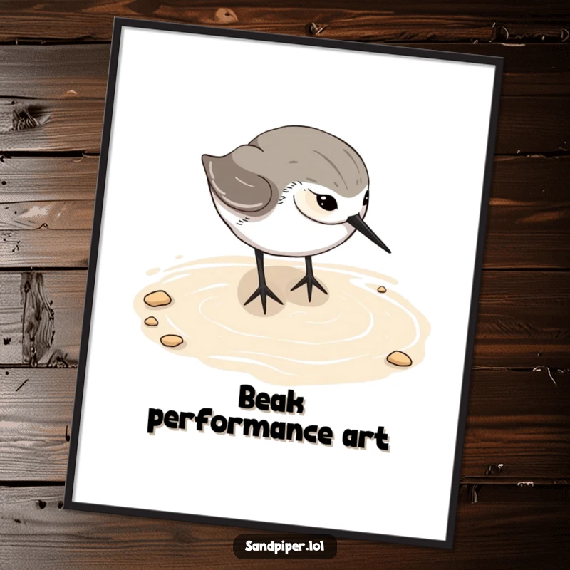 Funny Free Printable Sandpiper Wall Art: A charming sandpiper enthusiastically digging its beak deep into the wet sand.