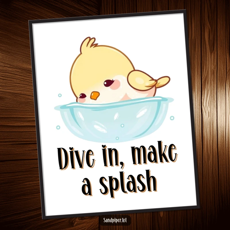 Funny Free Printable Wall Art of a bird creating a small splash as it playfully dips its head underwater.