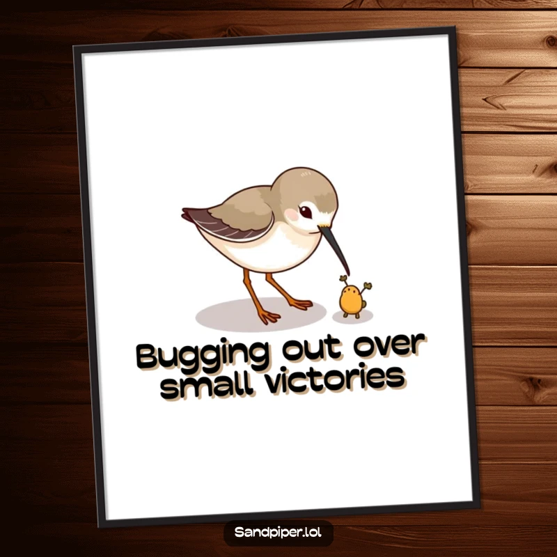 Funny Free Printable Wall Art: Adorable sandpiper intently and playfully pecking at a tiny imaginary bug on the sandy ground.