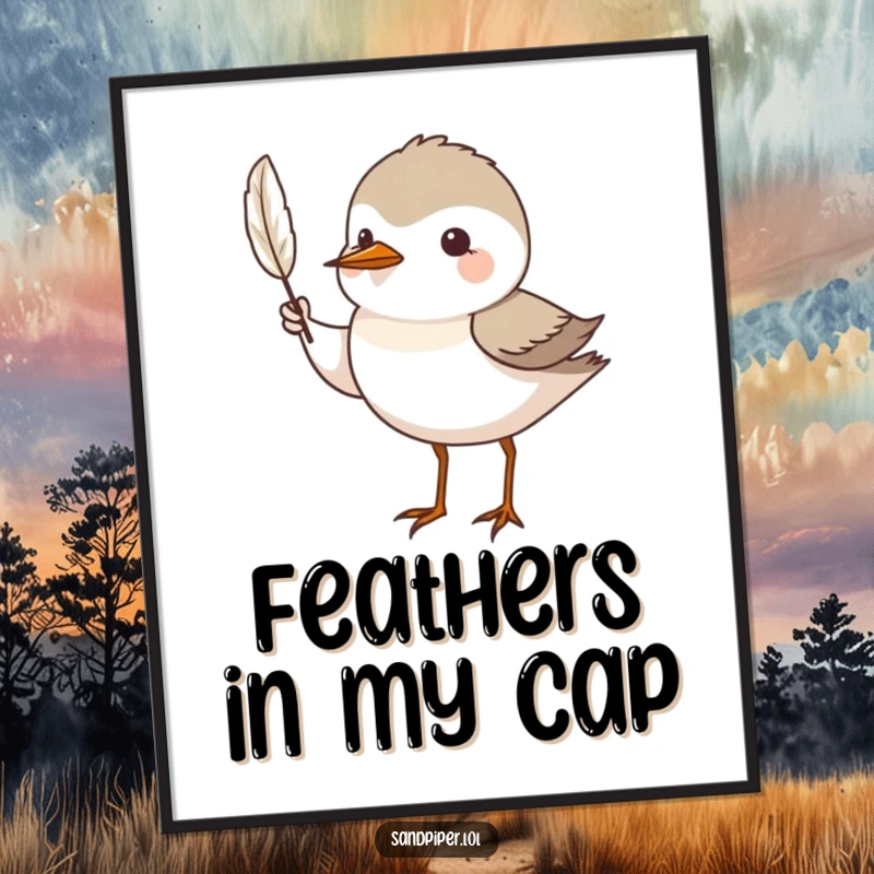 Funny Free Printable Wall Art: A sandpiper character proudly holds up a tiny feather, exuding gentle pride.