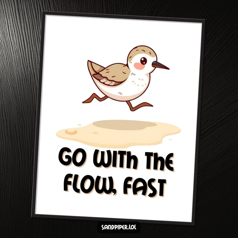Funny free printable wall art: a sandpiper bird runs with great speed along a sandy beach under bright skies.