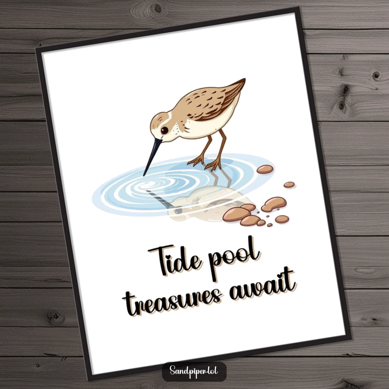 Funny Free Printable Wall Art: A sandpiper bird dipping its long beak into a sparkling, clear tidal pool, serene nature art.