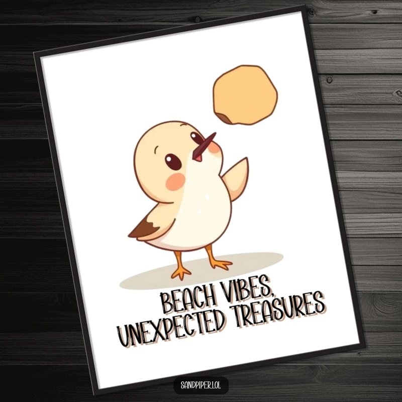 Funny Free Printable Wall Art: Cute sandpiper surprised by a floating seashell, charming seaside artwork.