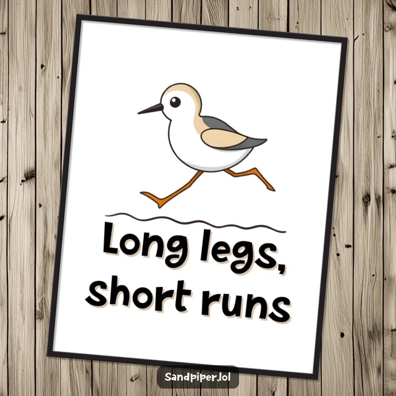 Funny Free Printable Wall Art: Sandpiper character with comically long legs running across a wavy line, humorous downloadable art.