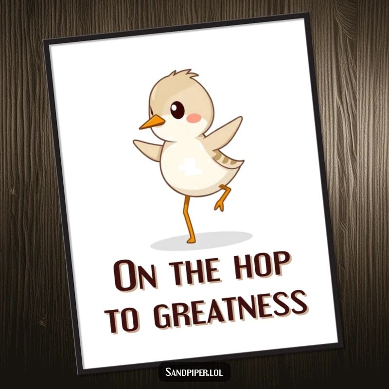 Funny Free Printable Wall Art: Sandpiper character joyfully hopping with determined gait, whimsical downloadable decor.