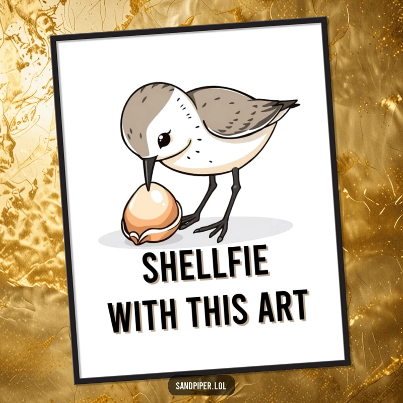 Funny Free Printable Wall Art featuring a sandpiper bird curiously pecking at a shiny shell, bringing coastal humor indoors.