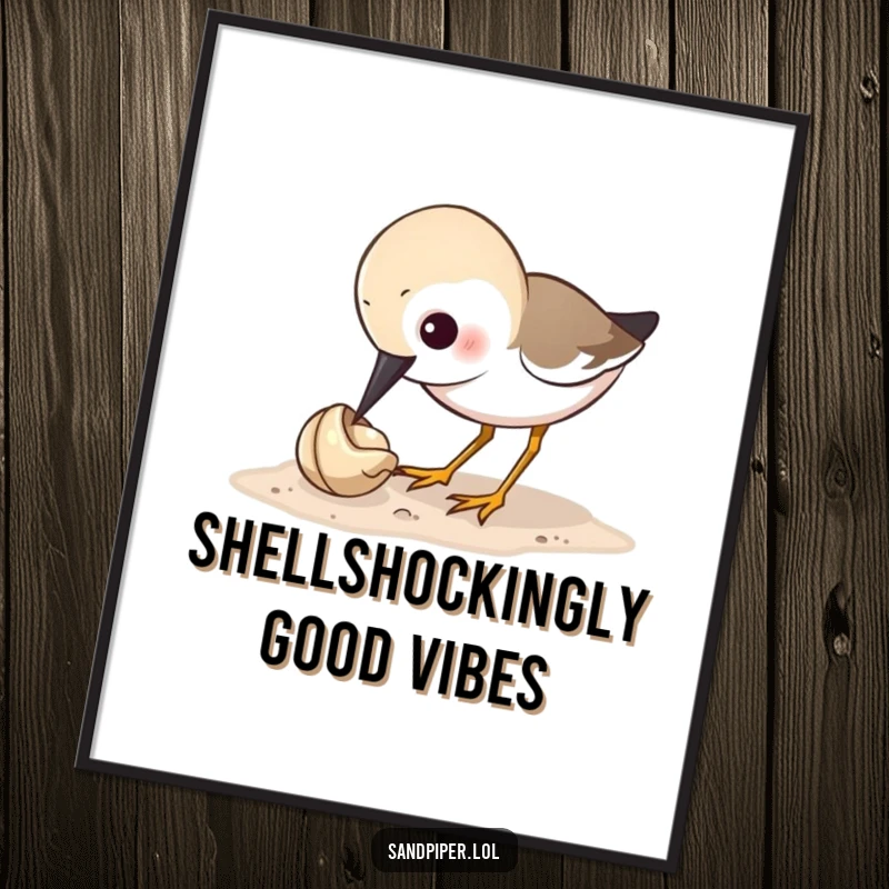 Funny free printable wall art of a sandpiper curiously pecking a tiny shell, whimsical downloadable decor for bird lovers.