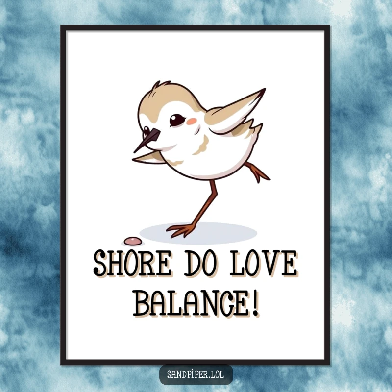 Funny Free Printable Wall Art of a sandpiper in a comical tripping pose, instantly regaining balance with a funny, surprised expression.