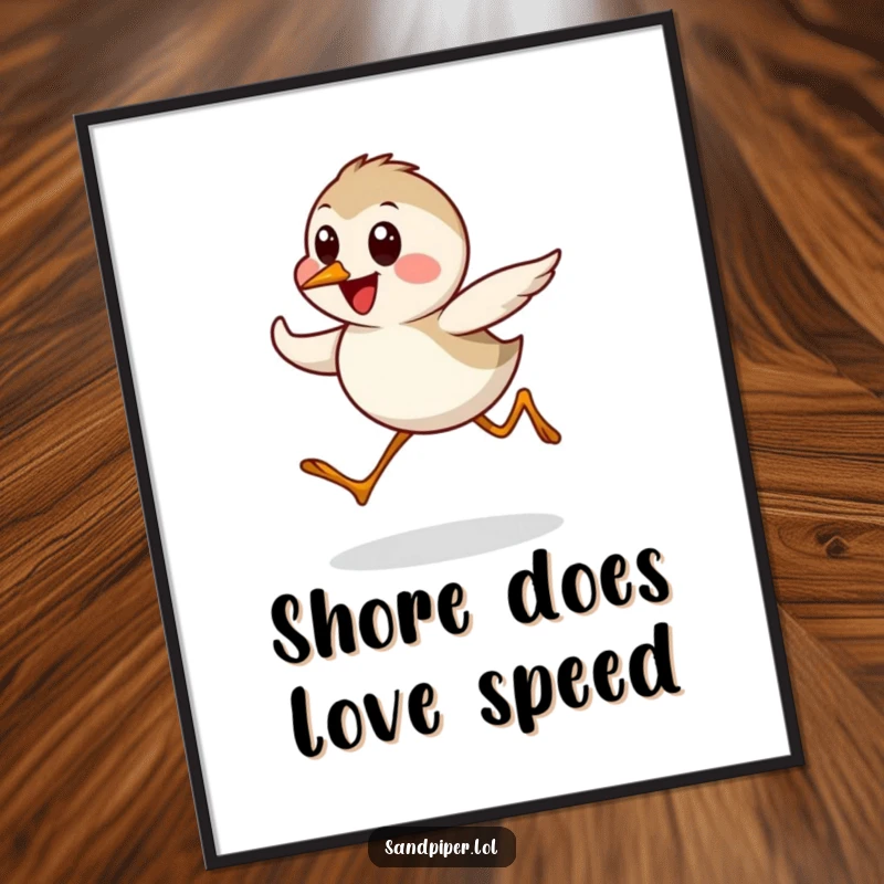 Funny Free Printable Wall Art: Sandpiper character hilariously sprinting with joy, creating a dynamic and amusing piece of downloadable art.