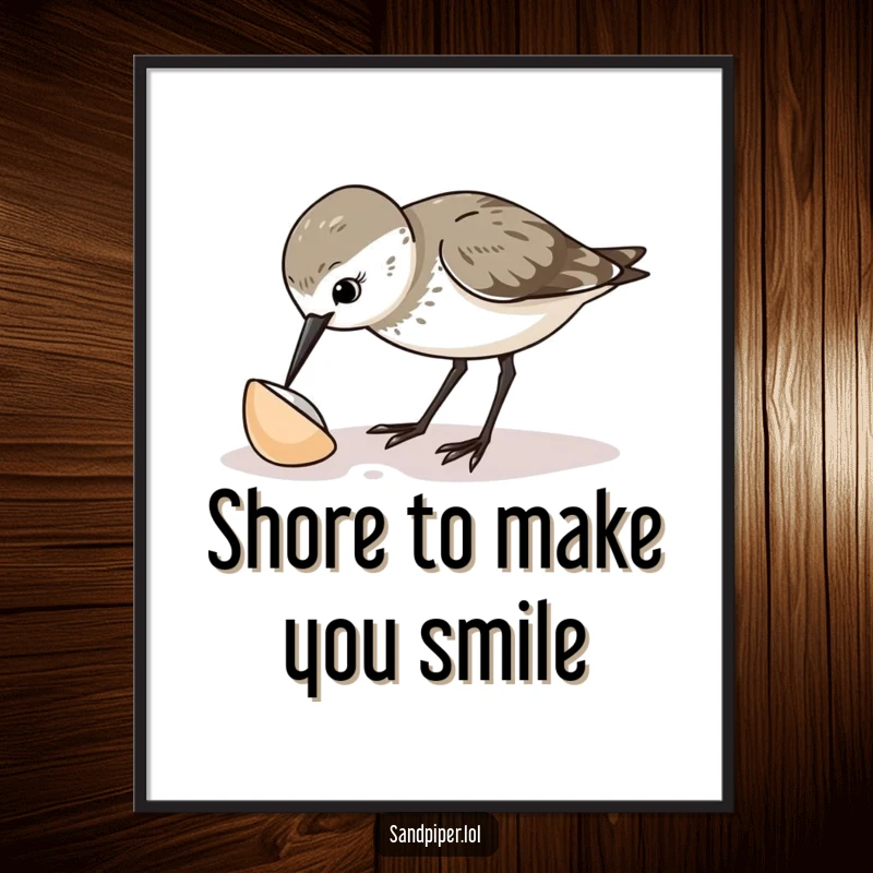 Funny Free Printable Wall Art: A sandpiper curiously pecks at a small shell on the beach, looking intrigued. Coastal decor.