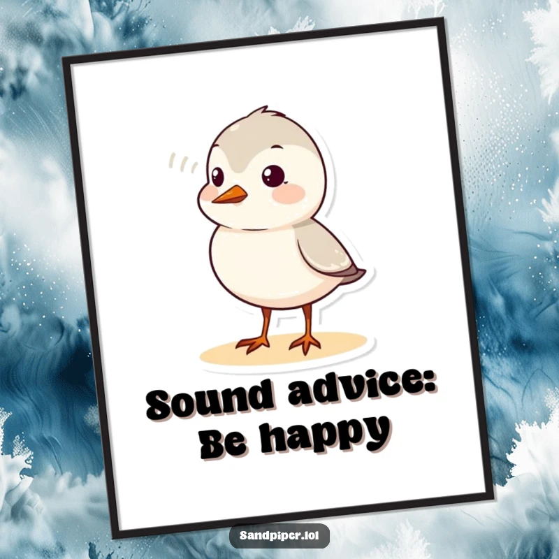 Funny Free Printable Wall Art: Cute sandpiper character chirping happily with visible sound waves, humorous downloadable decor.