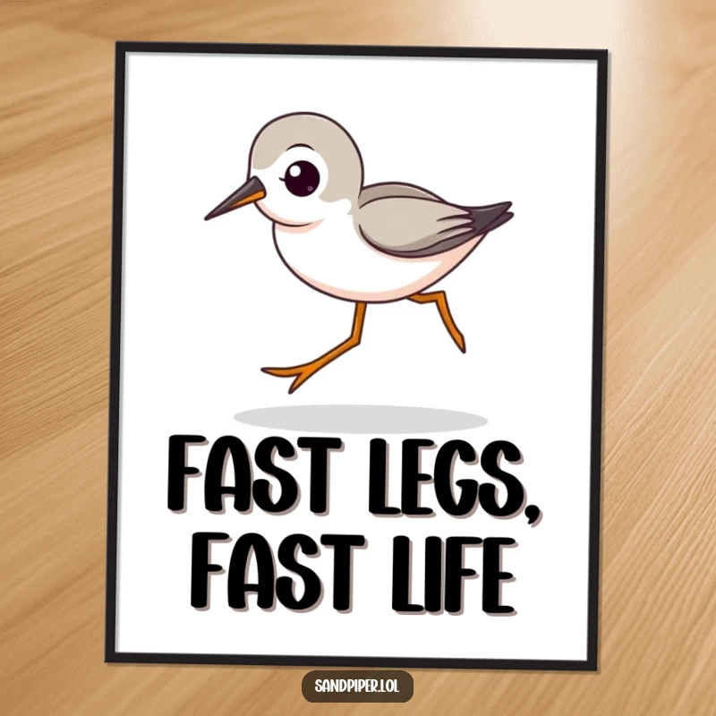 Funny free printable wall art: A cute sandpiper character strides rapidly with its characteristic long legs, creating a dynamic scene.