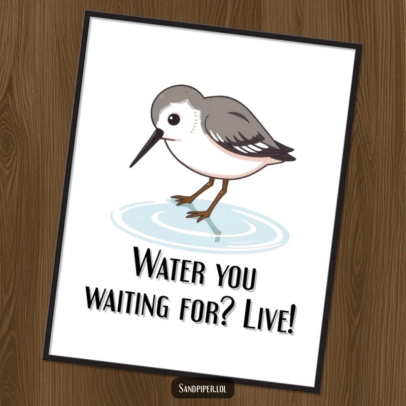 Funny Free Printable Wall Art: A sandpiper character humorously dipping its beak into water, depicting a peaceful moment with a touch of lightheartedness.