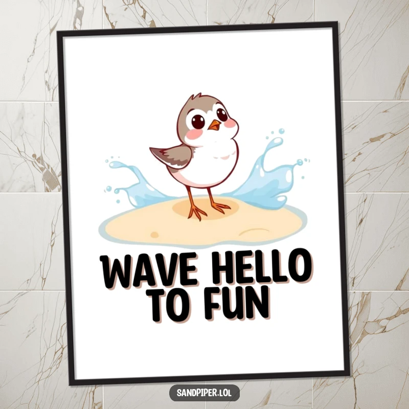Funny Free Printable Sandpiper Wall Art, sandpiper looks shocked by a nearby wave splash, comical beach scene