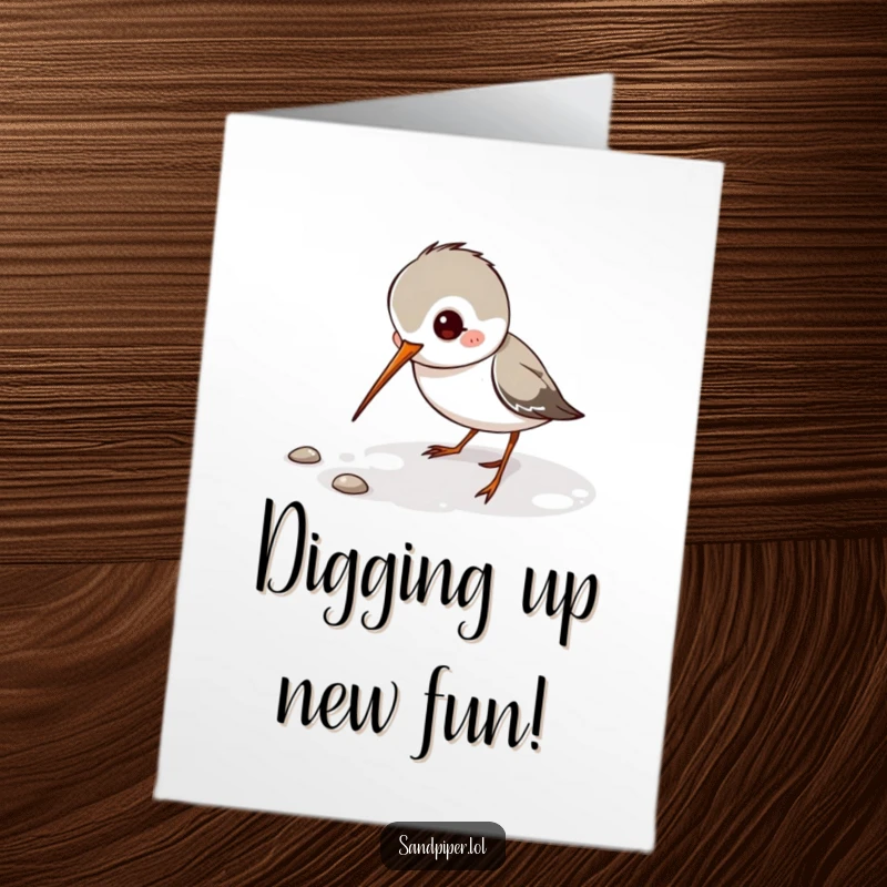 Free Printable Birthday Card: Sandpiper character playfully digging its thin beak into the sand.