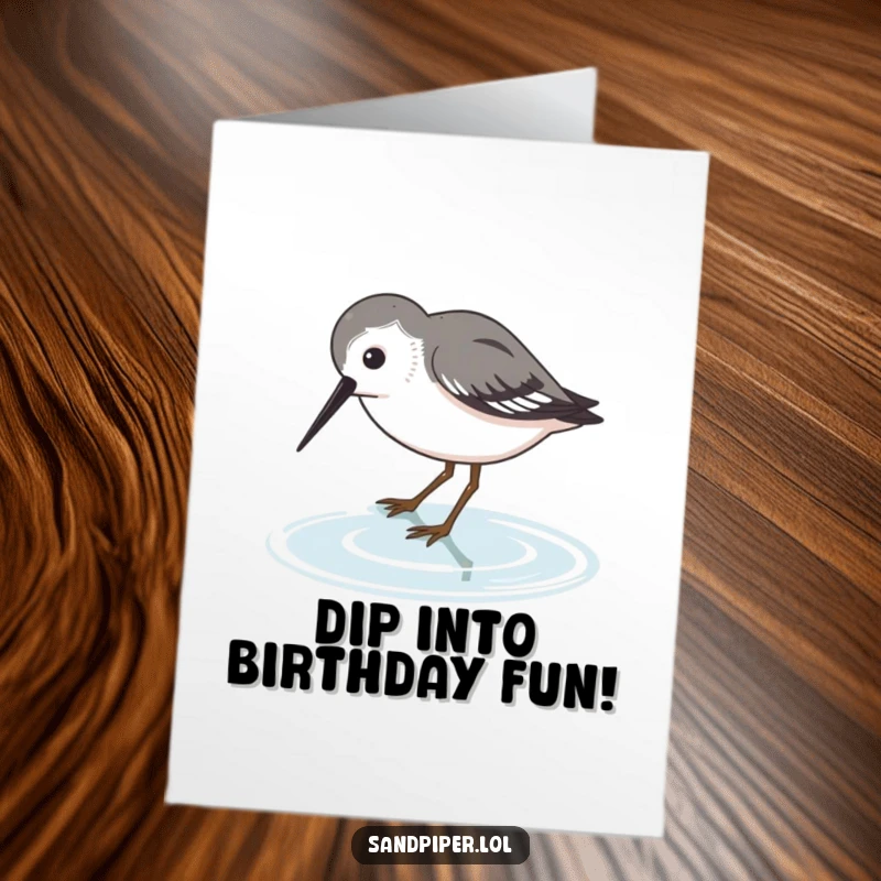 Funny Free Printable Birthday Card: A sandpiper character humorously dipping its beak into water, enjoying a refreshing drink with a playful expression.