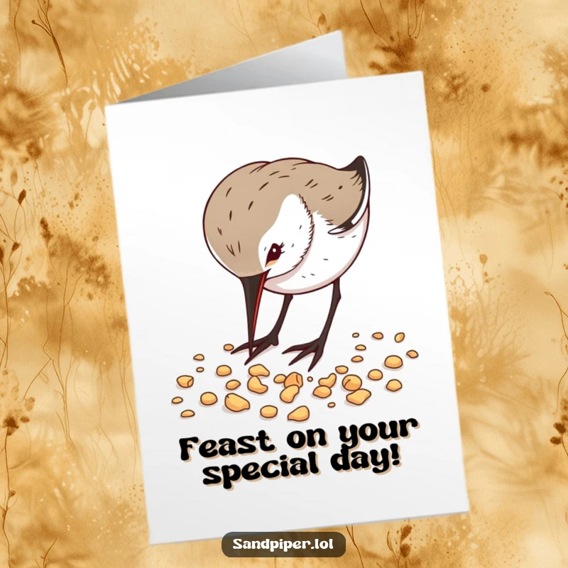 Funny Free Printable birthday card showing a sandpiper eagerly pecking at scattered crumbs with great enthusiasm near the shore.