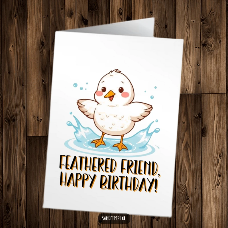 Funny Free Printable Birthday Card: Sandpiper joyfully shaking water and splashing, perfect for a cheerful DIY greeting.