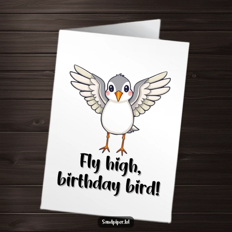 Funny Free Printable Birthday Card: A sandpiper with wings spread wide, poised for flight, conveying a sense of freedom and celebration.