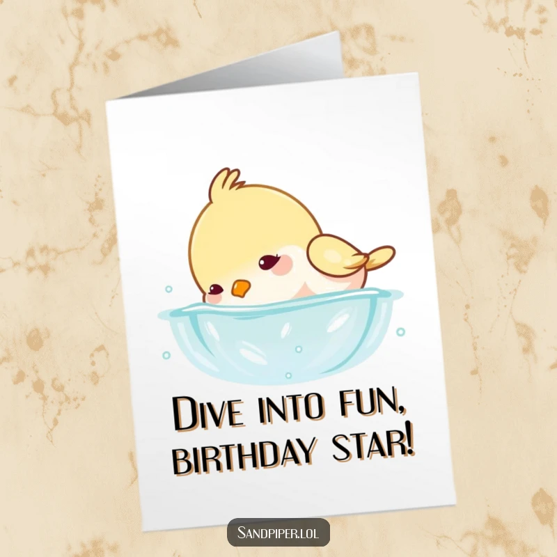 Funny Free Printable Birthday Card with a playful bird dipping its head underwater, creating a delightful splash.